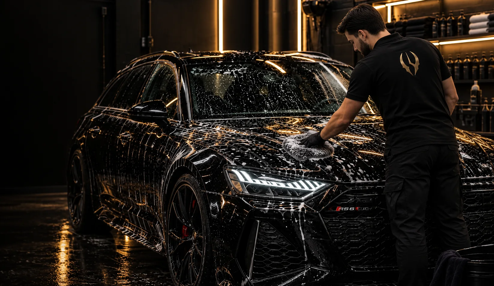 Spécialiste OBSIDIAN STUDIO en tenue floquée lavant à la main une Audi RS6 noire sous lumières dorées