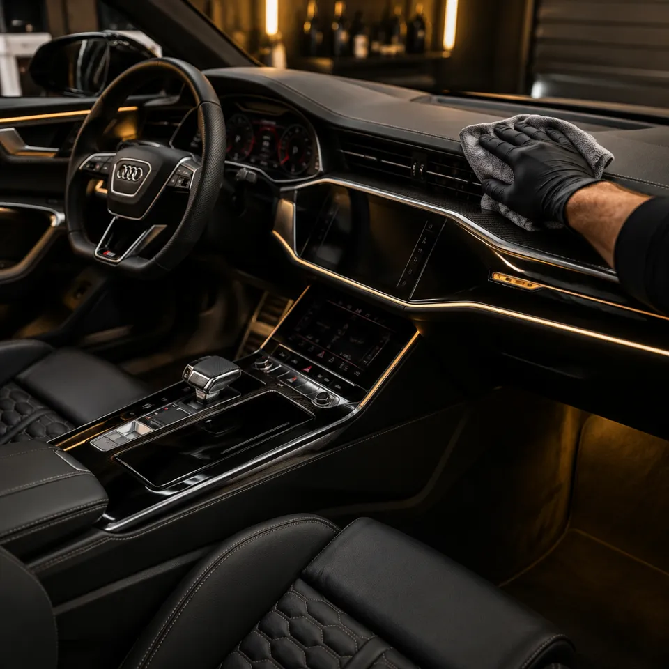 Nettoyage intérieur d'une Audi RS6 2025 : tableau de bord essuyé avec un chiffon microfibre